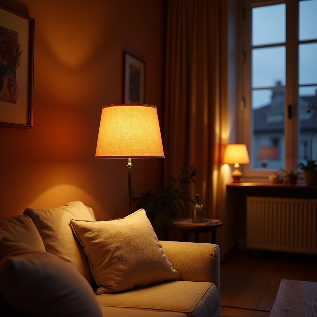 Wohnzimmer mit warmem, gedämpftem Licht am Abend