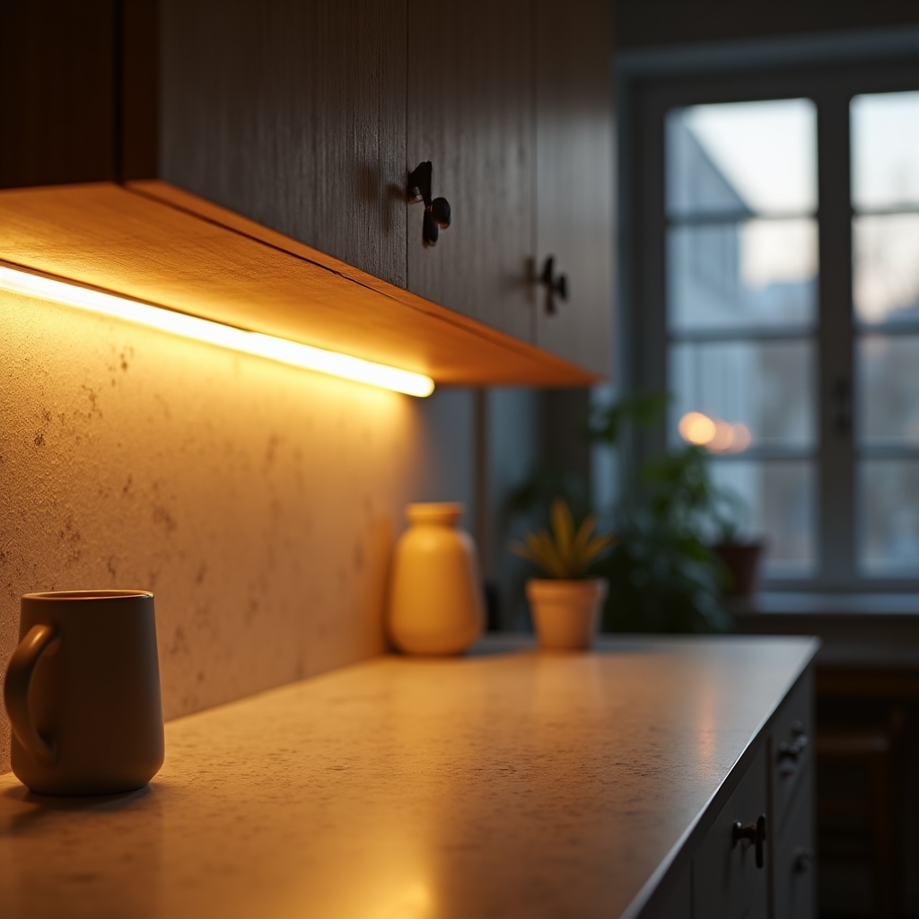 Warmes, gedimmtes Licht unter Küchenschränken