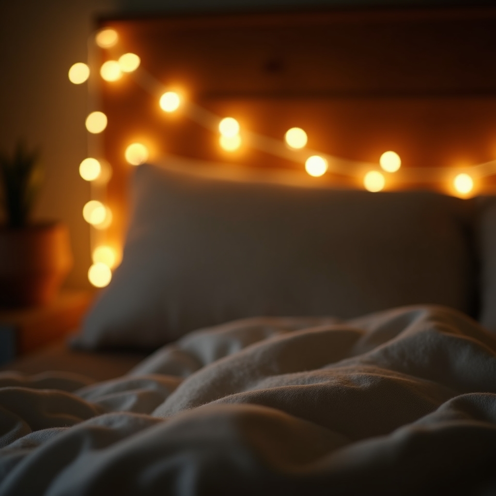 Warme Lichterkette entlang eines Regals im Schlafzimmer